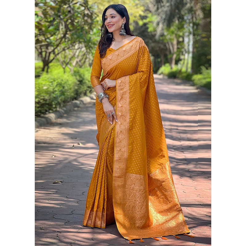 Mustard Banarasi Silk Saree With Blouse Piece - JD986611034