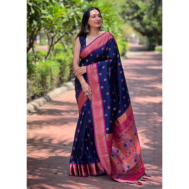 Navy Blue Dupion Silk Saree With Blouse Piece - JD986611031