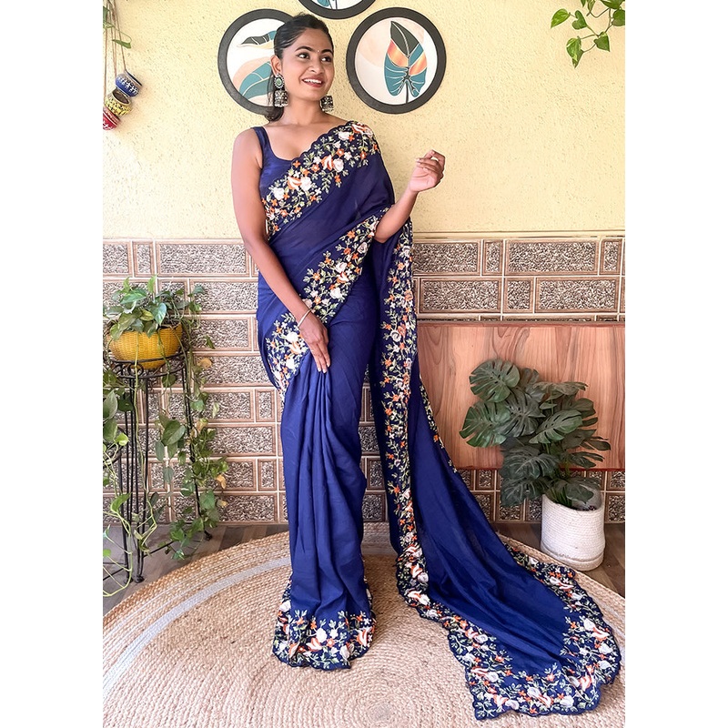 Navy Blue Dupion Silk Saree With Blouse Piece - JD986611032