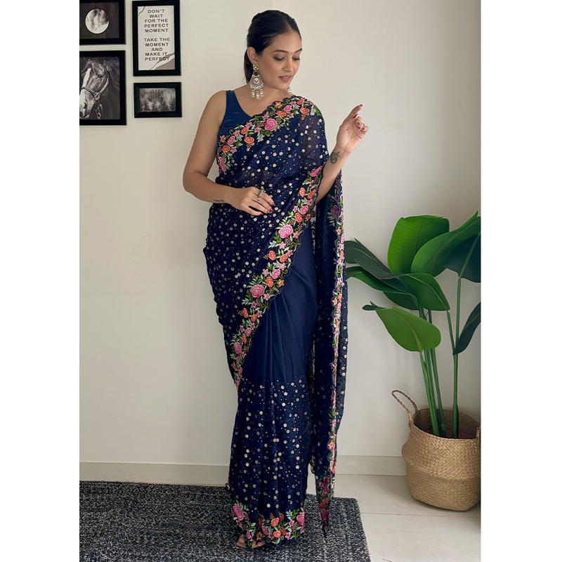 Navy Blue Georgette Saree With Blouse Piece - JD986611029