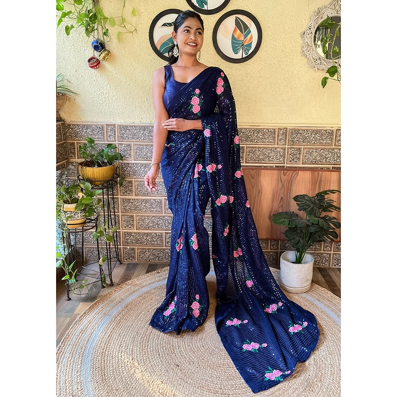 Navy Blue Georgette Saree With Blouse Piece - JD986611030