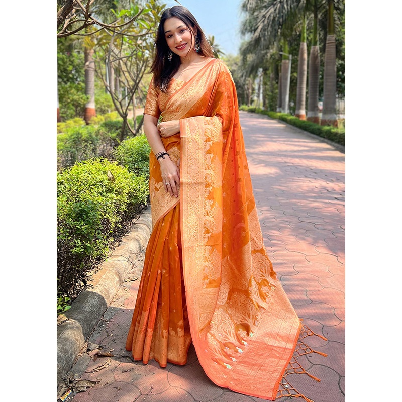 Orange Organza Saree With Blouse Piece - JD986611028