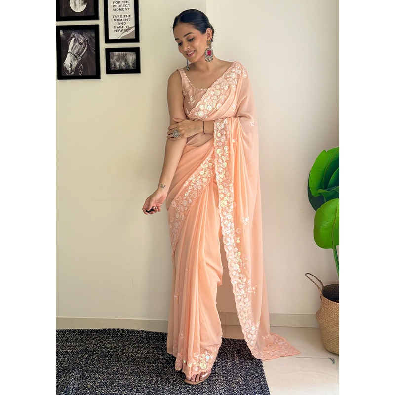 Peach Georgette Saree With Blouse Piece - JD986611027