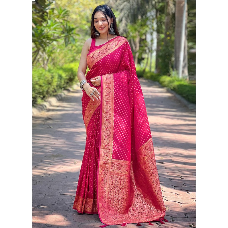 Pink Banarasi Silk Saree With Blouse Piece - JD986611026