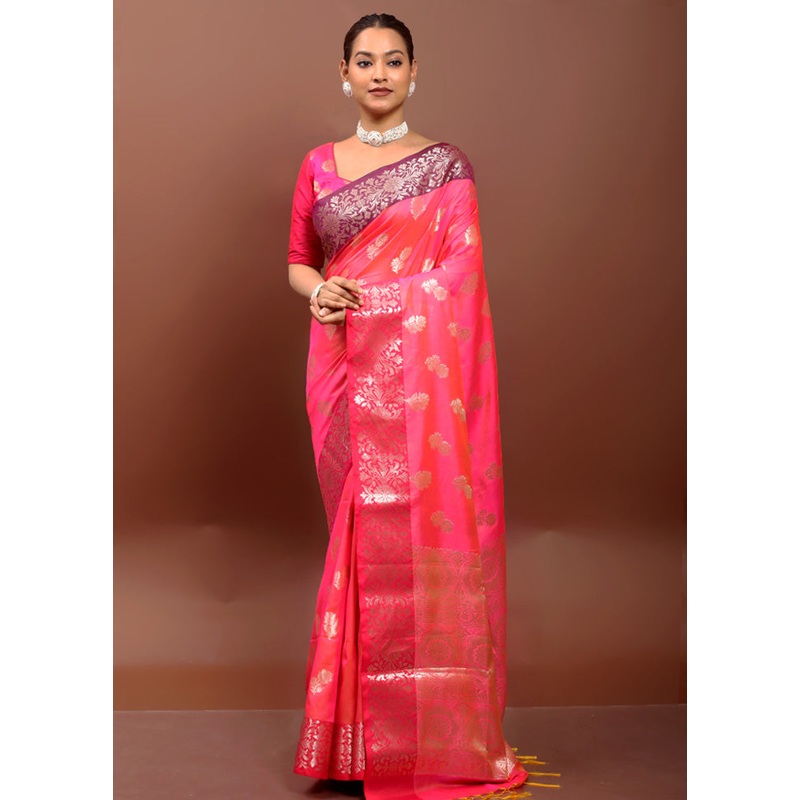 Pink Dupion Silk Saree With Blouse Piece - JD986610913