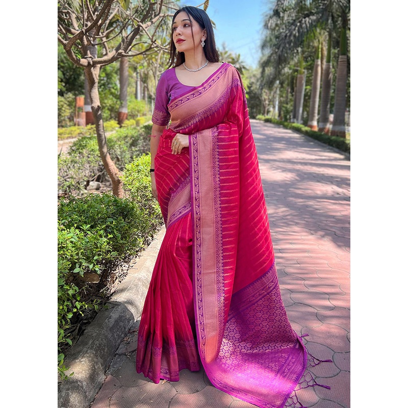 Pink Dupion Silk Saree With Blouse Piece - JD986610953