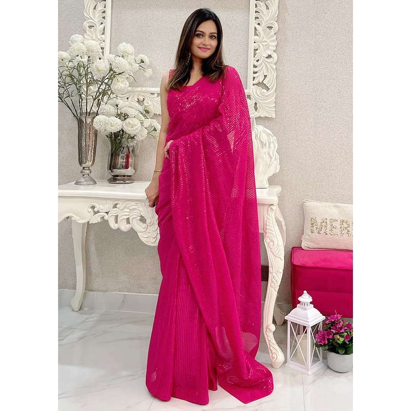 Pink Georgette Saree With Blouse Piece - JD986610950