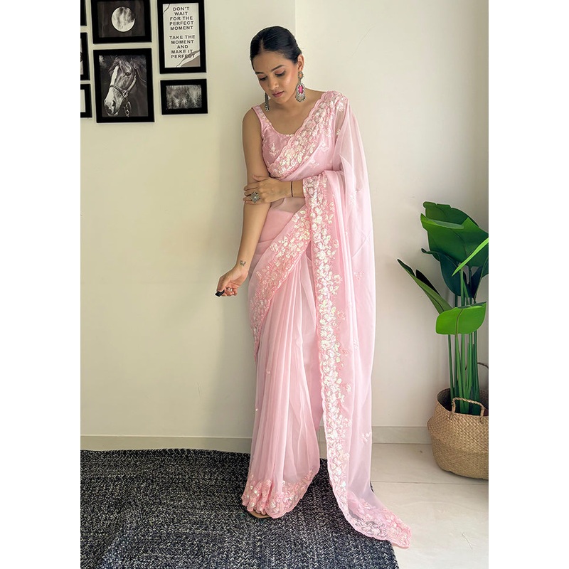 Pink Georgette Saree With Blouse Piece - JD986611024