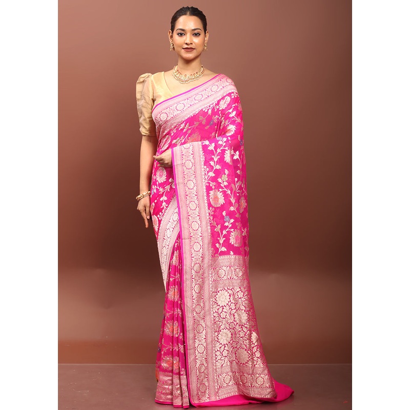 Pink Handloom Pure Georgette Saree With Blouse Piece - JD986610910