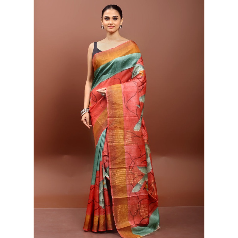 Pink Handloom Tussar Pure Silk Saree With Blouse Piece - JD986610909