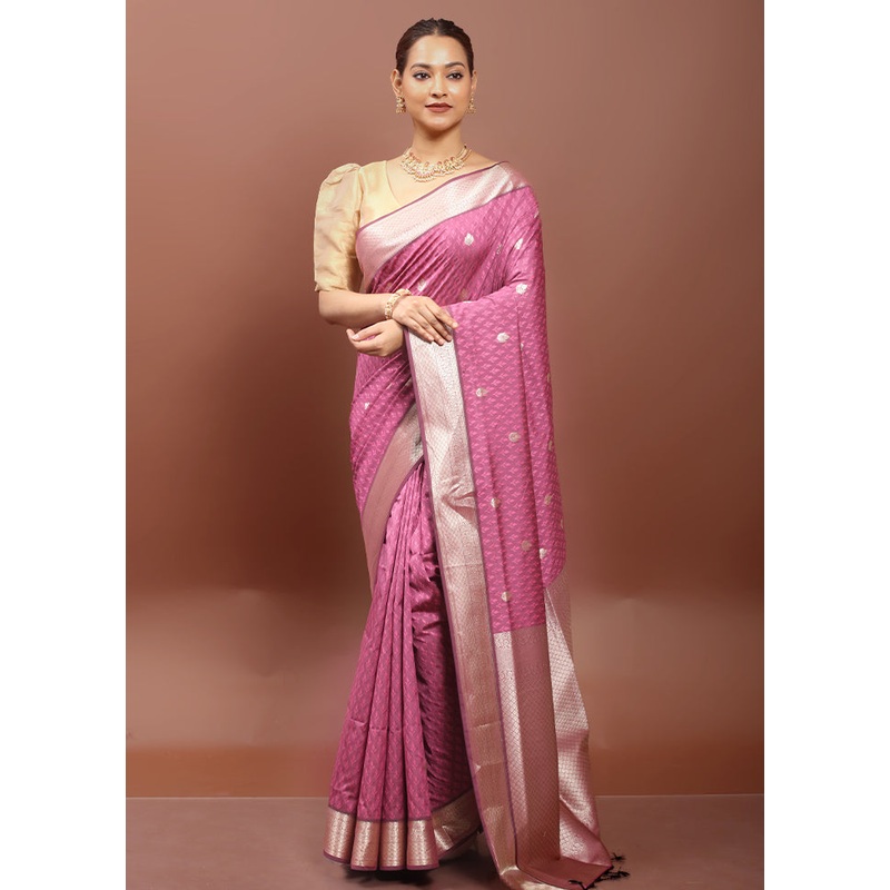 Pink Kanjivaram Silk Saree With Blouse Piece - JD986610907