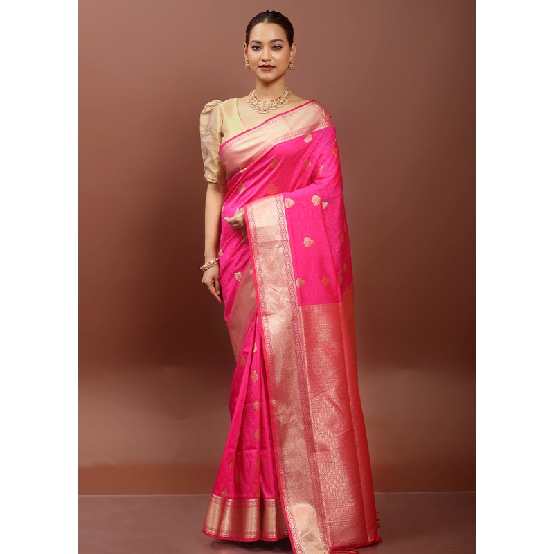 Pink Kanjivaram Silk Saree With Blouse Piece - JD986610908