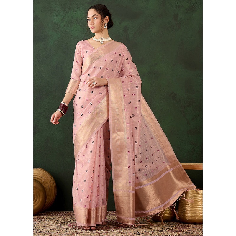 Pink Organza Saree With Blouse Piece - JD986610949