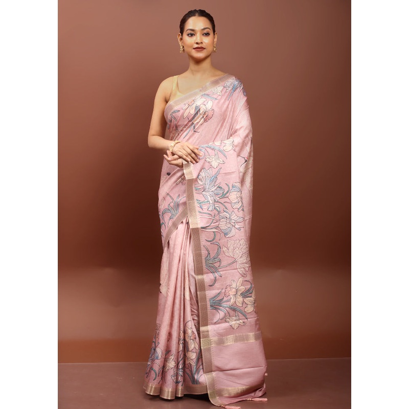 Pink Tussar Silk Saree With Blouse Piece - JD986610906