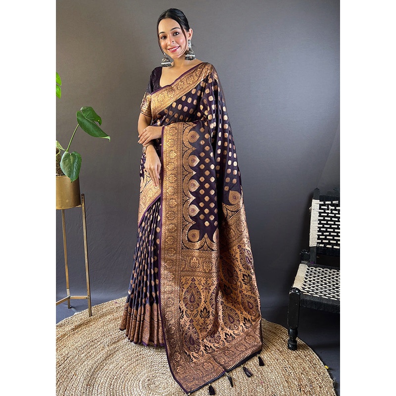 Purple Banarasi Silk Saree With Blouse Piece - JD986610946