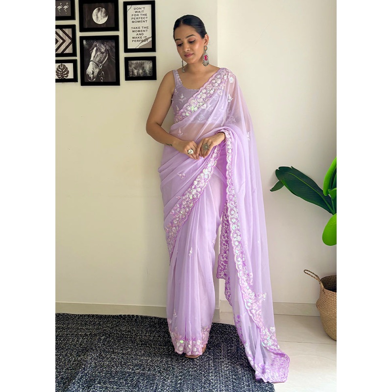 Purple Georgette Saree With Blouse Piece - JD986611021