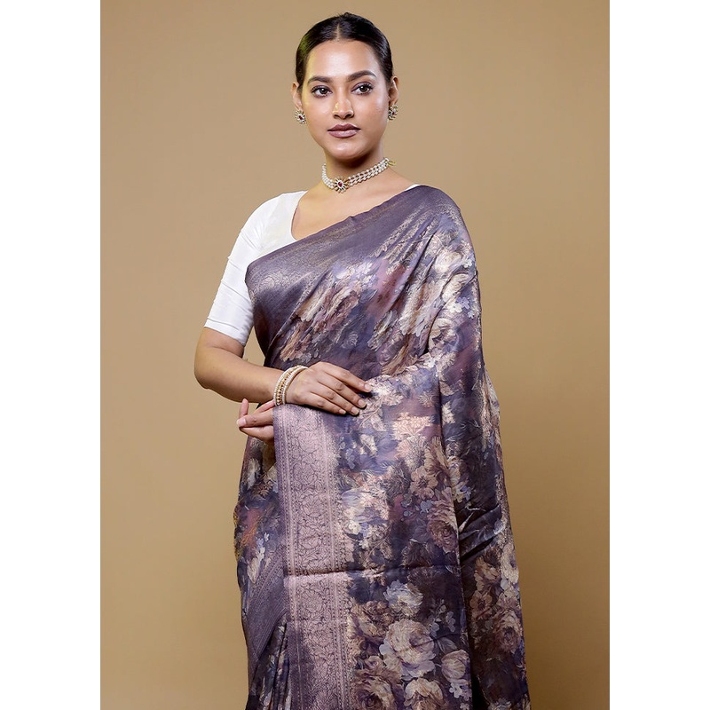 Purple Organza Saree With Blouse Piece - JD986611051
