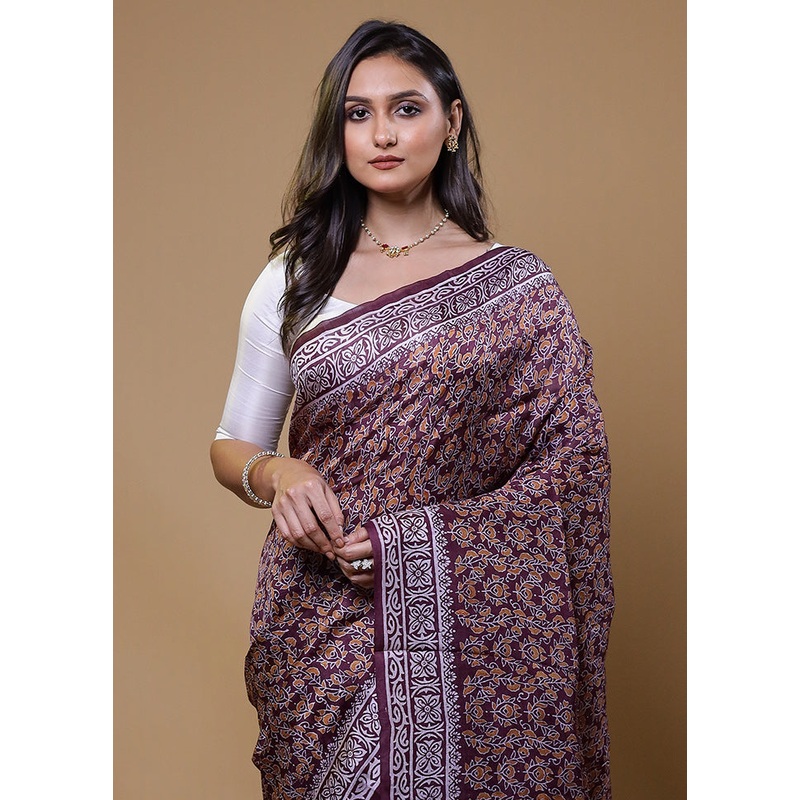 Purple Printed Pure Silk Saree Without Blouse Piece - JD986611050
