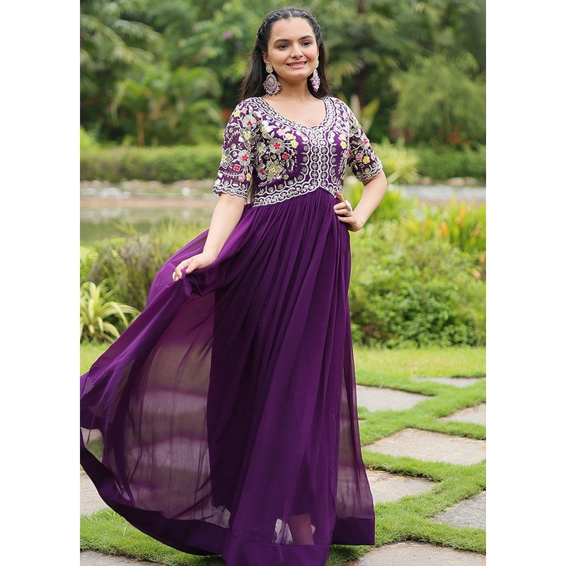 Purple Readymade Georgette Long Gown - JD986610991