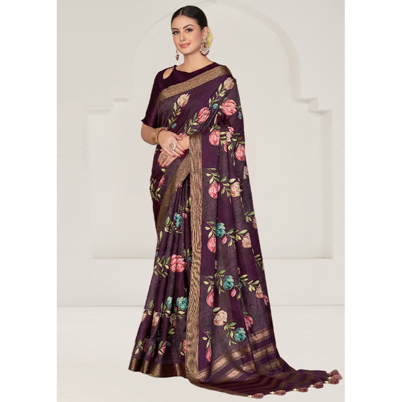 Purple Tussar Silk Saree With Blouse Piece - JD986610943