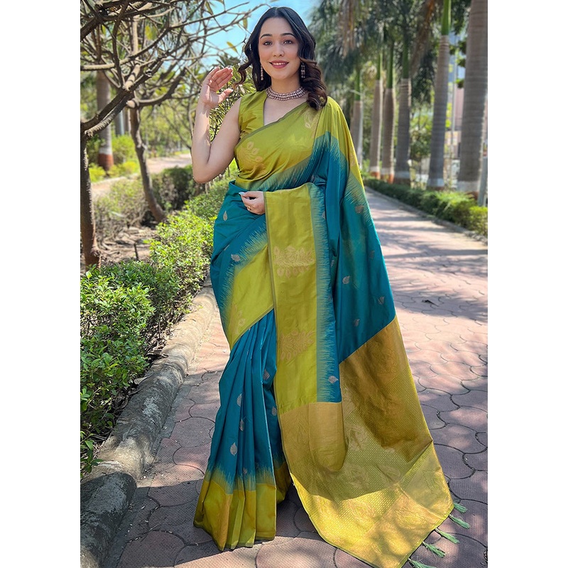 Rama Dupion Silk Saree With Blouse Piece - JD986610942