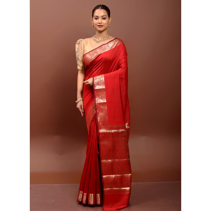 Red Dupion Silk Saree With Blouse Piece - JD986610902