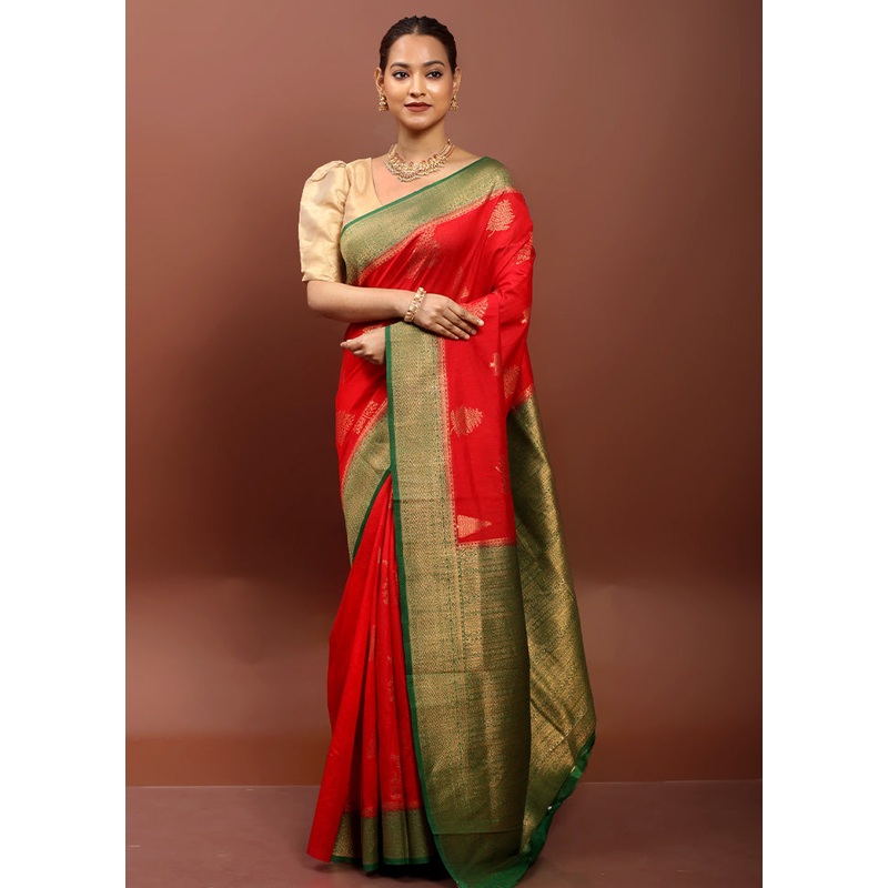 Red Dupion Silk Saree With Blouse Piece - JD986610903