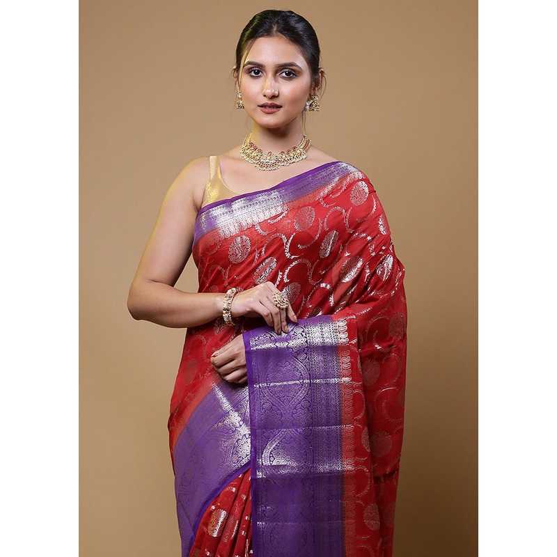 Red Dupion Silk Saree With Blouse Piece - JD986611049