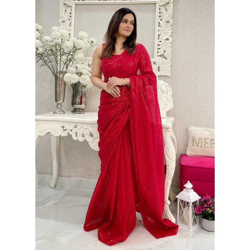 Red Georgette Saree With Blouse Piece - JD986610941