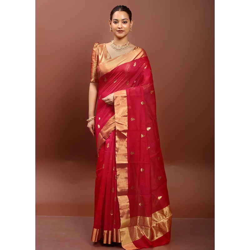 Red Handloom Chanderi Pure Cotton Saree With Blouse Piece - JD986610901