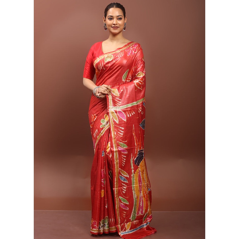 Red Handloom Tussar Pure Silk Saree With Blouse Piece - JD986610900