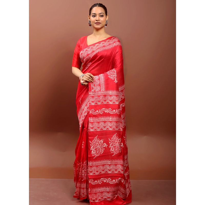 Red Printed Pure Silk Saree Without Blouse Piece - JD986610899