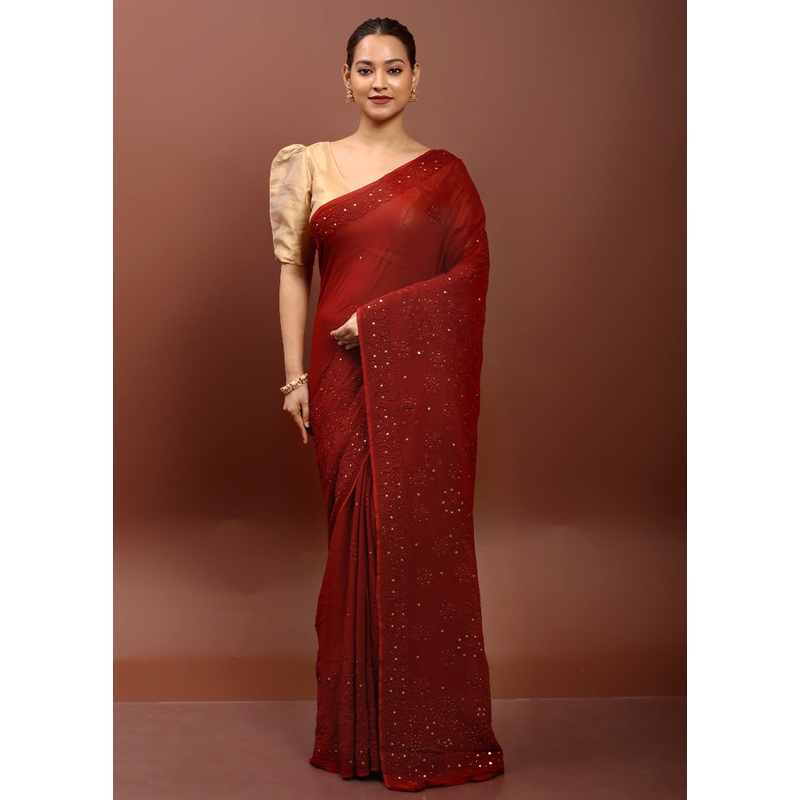 Red Pure Handloom Chikankari Saree With Blouse Piece - JD986610898