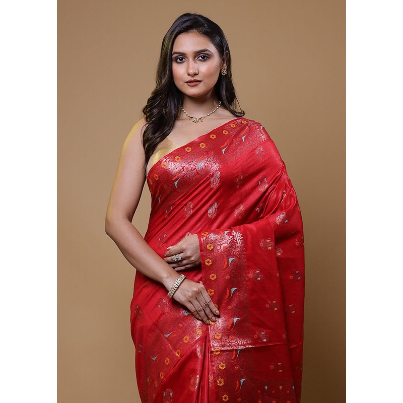 Red Tussar Silk Saree With Blouse Piece - JD986611048