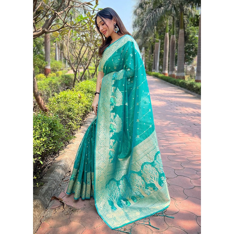 Sea Green Organza Saree With Blouse Piece - JD986611020