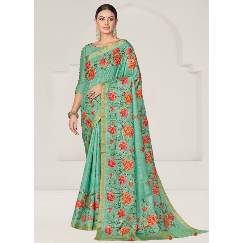 Sea Green Tussar Silk Saree With Blouse Piece - JD986610940