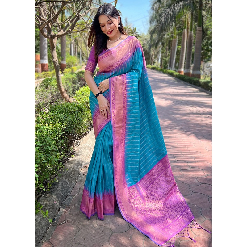Sky Blue Dupion Silk Saree With Blouse Piece - JD986610939