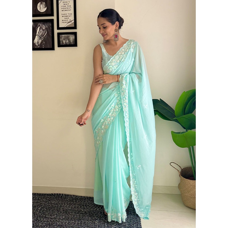 Sky Blue Georgette Saree With Blouse Piece - JD986611019