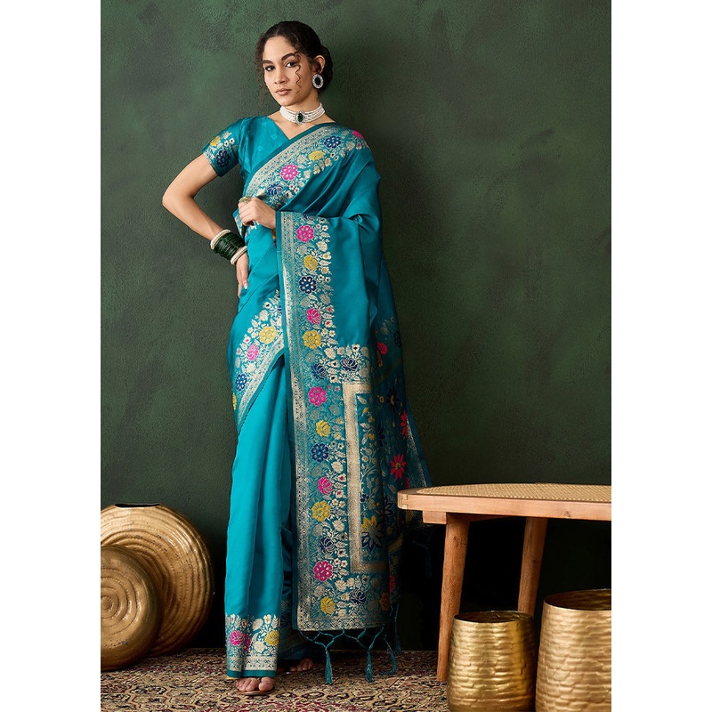 Teal Dupion Silk Saree With Blouse Piece - JD986610937