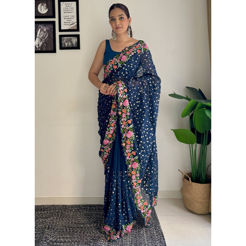 Teal Georgette Saree With Blouse Piece - JD986611017