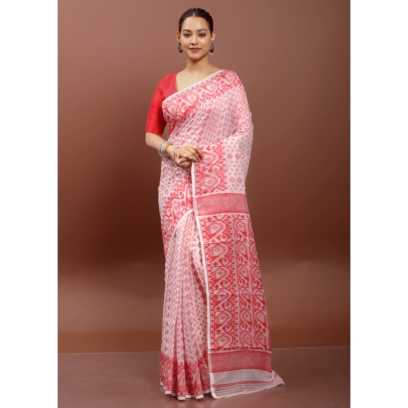 White Tant Jamdani Saree Without Blouse Piece - JD986610896