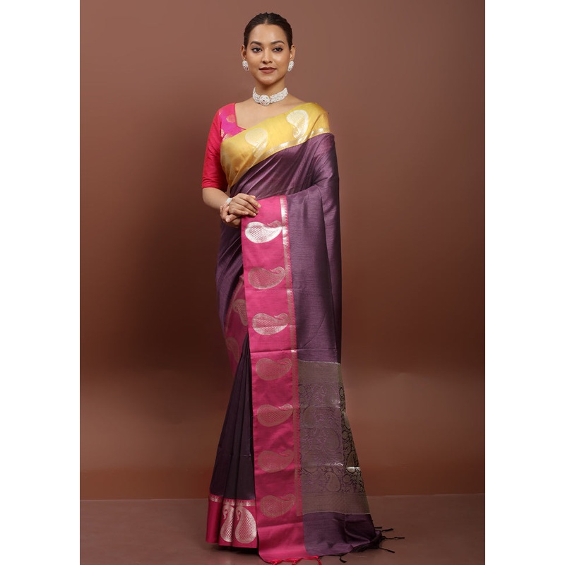 Wine Cotton Saree With Blouse Piece - JD986610895
