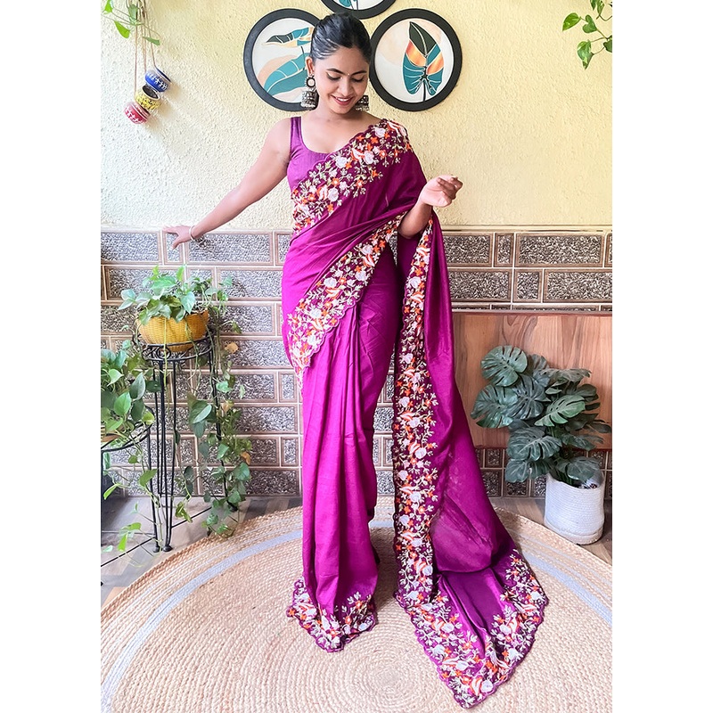 Wine Dupion Silk Saree With Blouse Piece - JD986611015
