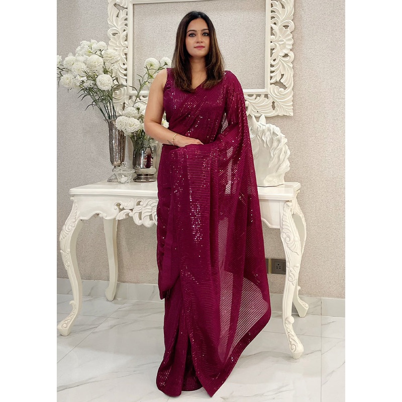 Wine Georgette Saree With Blouse Piece - JD986610935