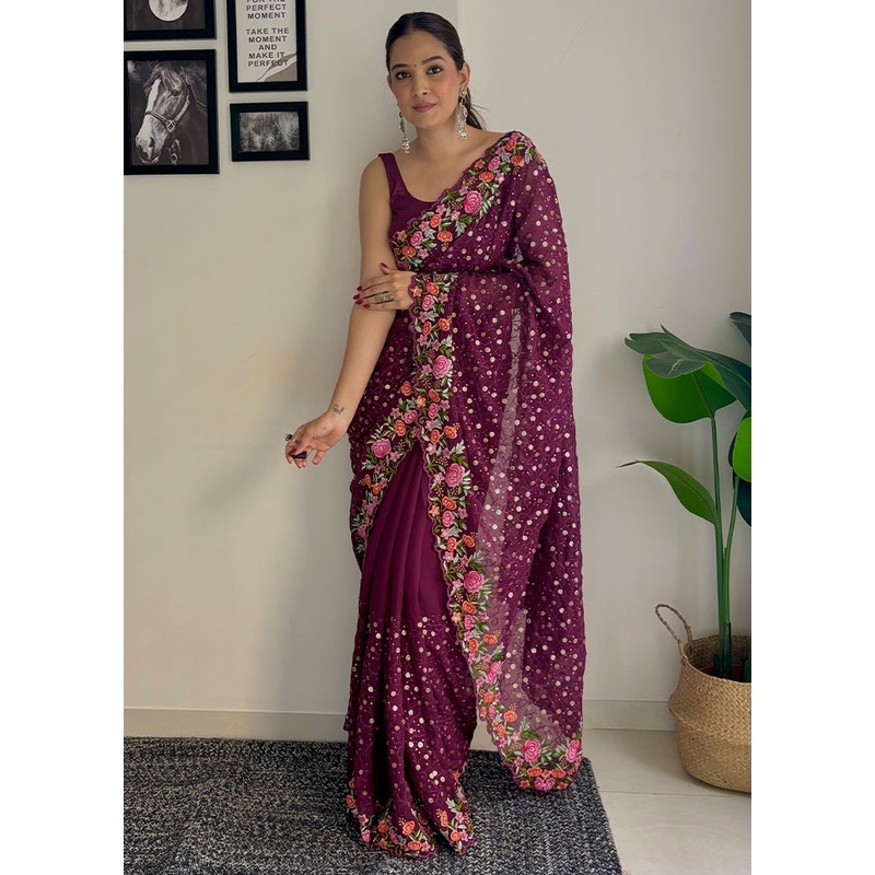Wine Georgette Saree With Blouse Piece - JD986611013