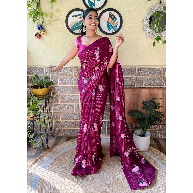 Wine Georgette Saree With Blouse Piece - JD986611014