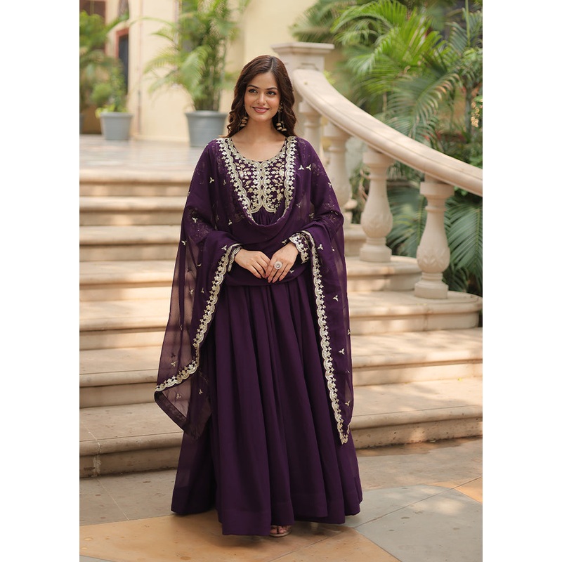 Wine Readymade Georgette Long Gown With Dupatta - JD986610990