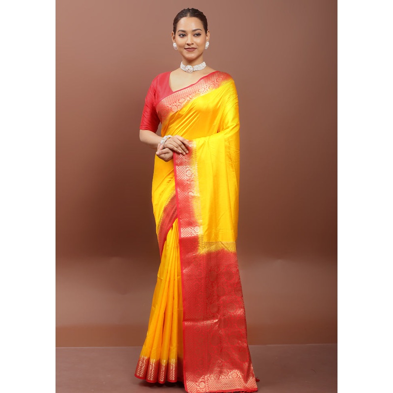 Yellow Dupion Silk Saree With Blouse Piece - JD986610894