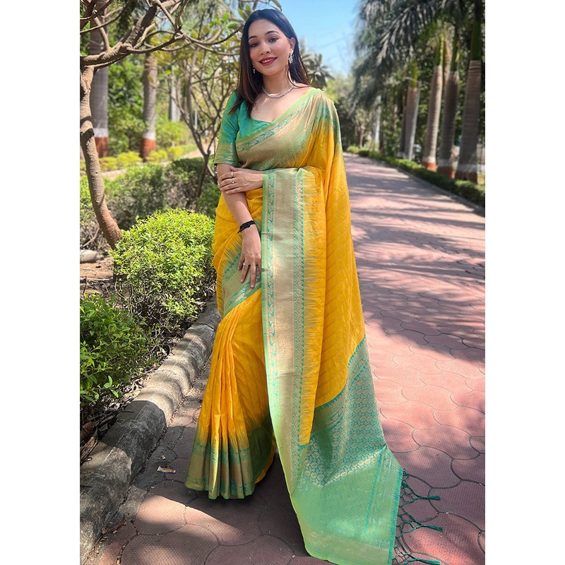 Yellow Dupion Silk Saree With Blouse Piece - JD986610934