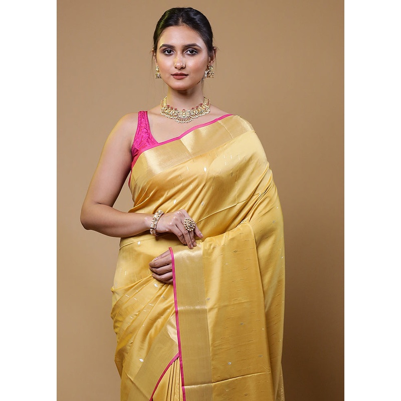Yellow Dupion Silk Saree With Blouse Piece - JD986611047